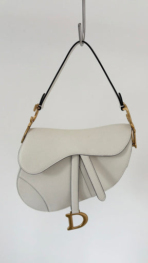 Dior White Grained Leather Saddle Bag with Strap