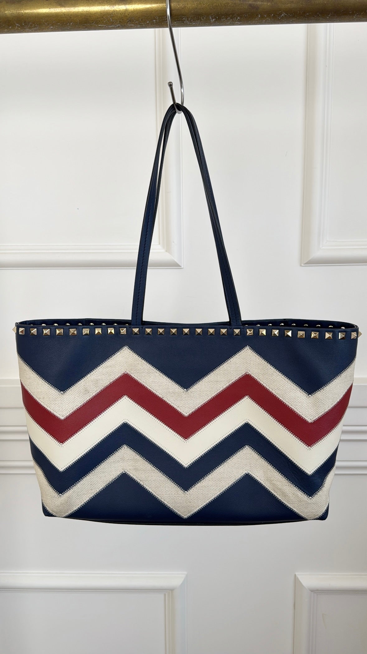 Valentino Garavani Navy, Cream and Red Leather and Canvas Zig Zag Tote Bag