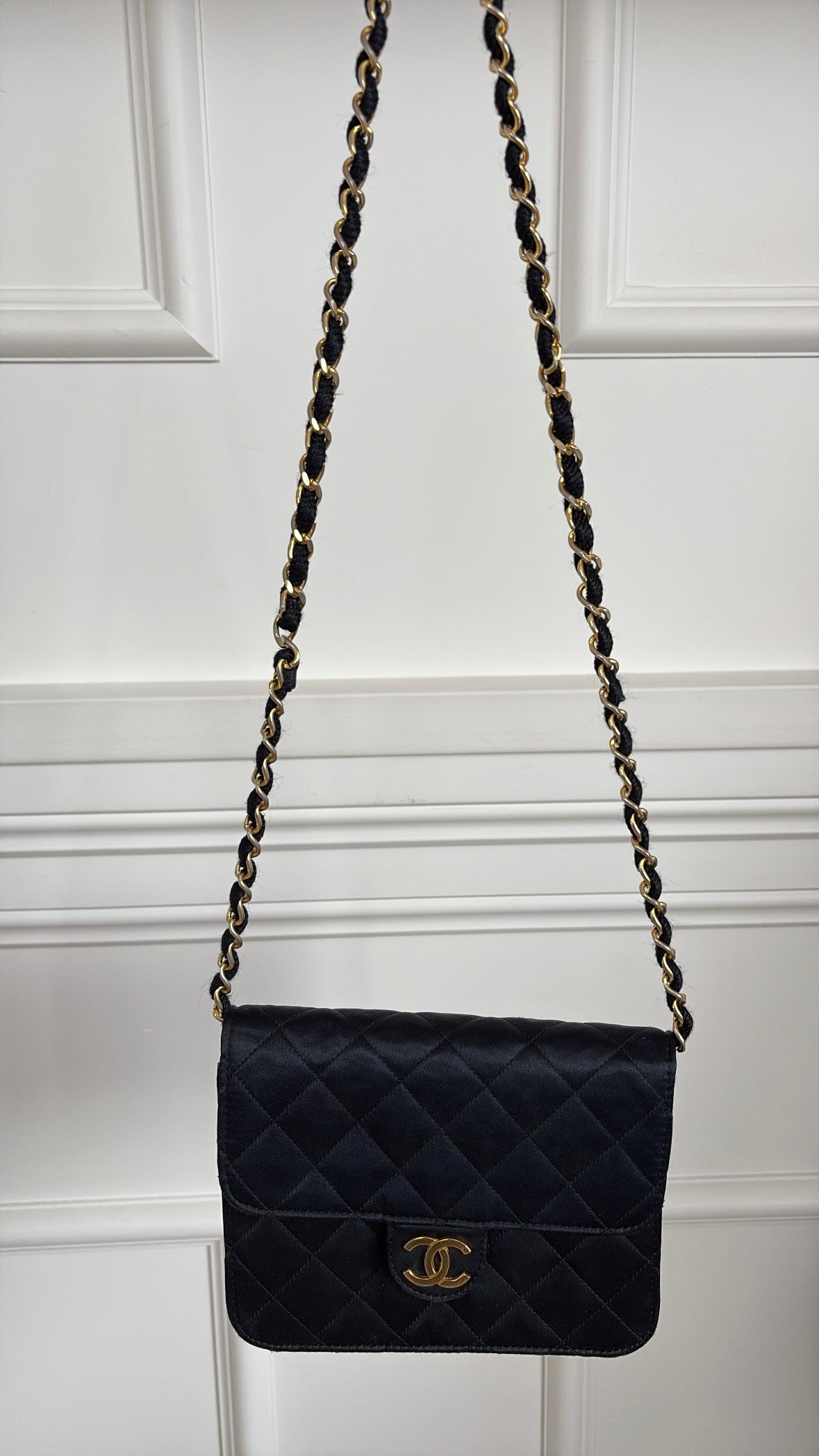 Chanel Black Satin Mini Flap Bag with Gold Hardware