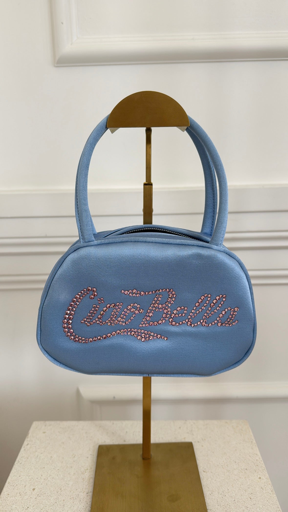 Amina Muaddi Blue Satin 'Ciao Bella' Mini Top Handle Bag