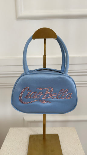 Amina Muaddi Blue Satin 'Ciao Bella' Mini Top Handle Bag