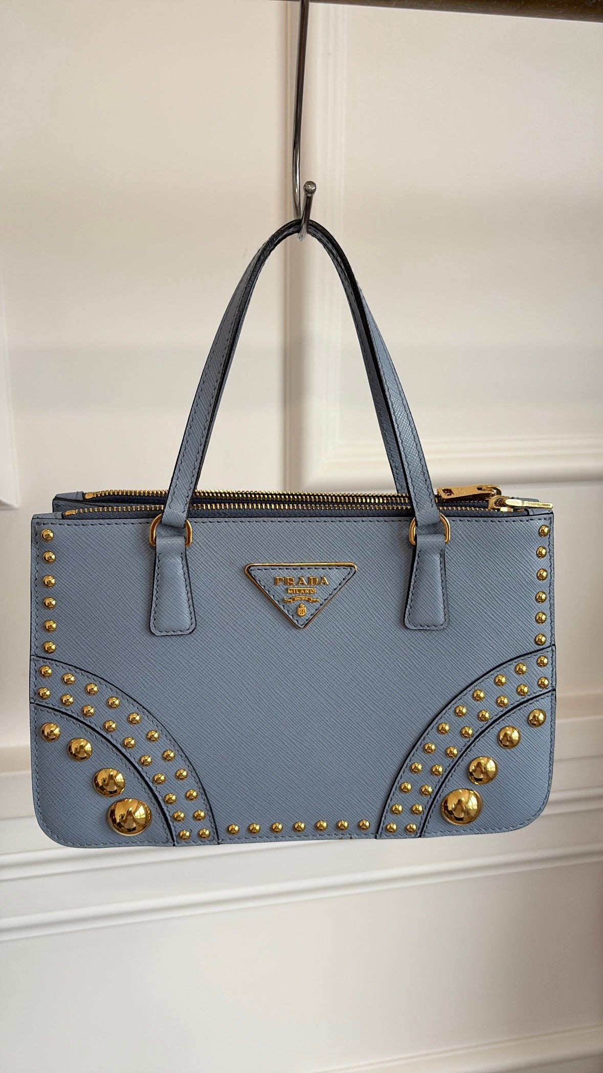 Prada Blue Saffiano Leather Gold Studded Zipped Tote