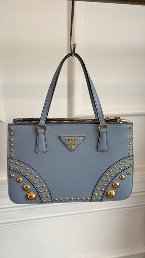 Prada Blue Saffiano Leather Gold Studded Zipped Tote