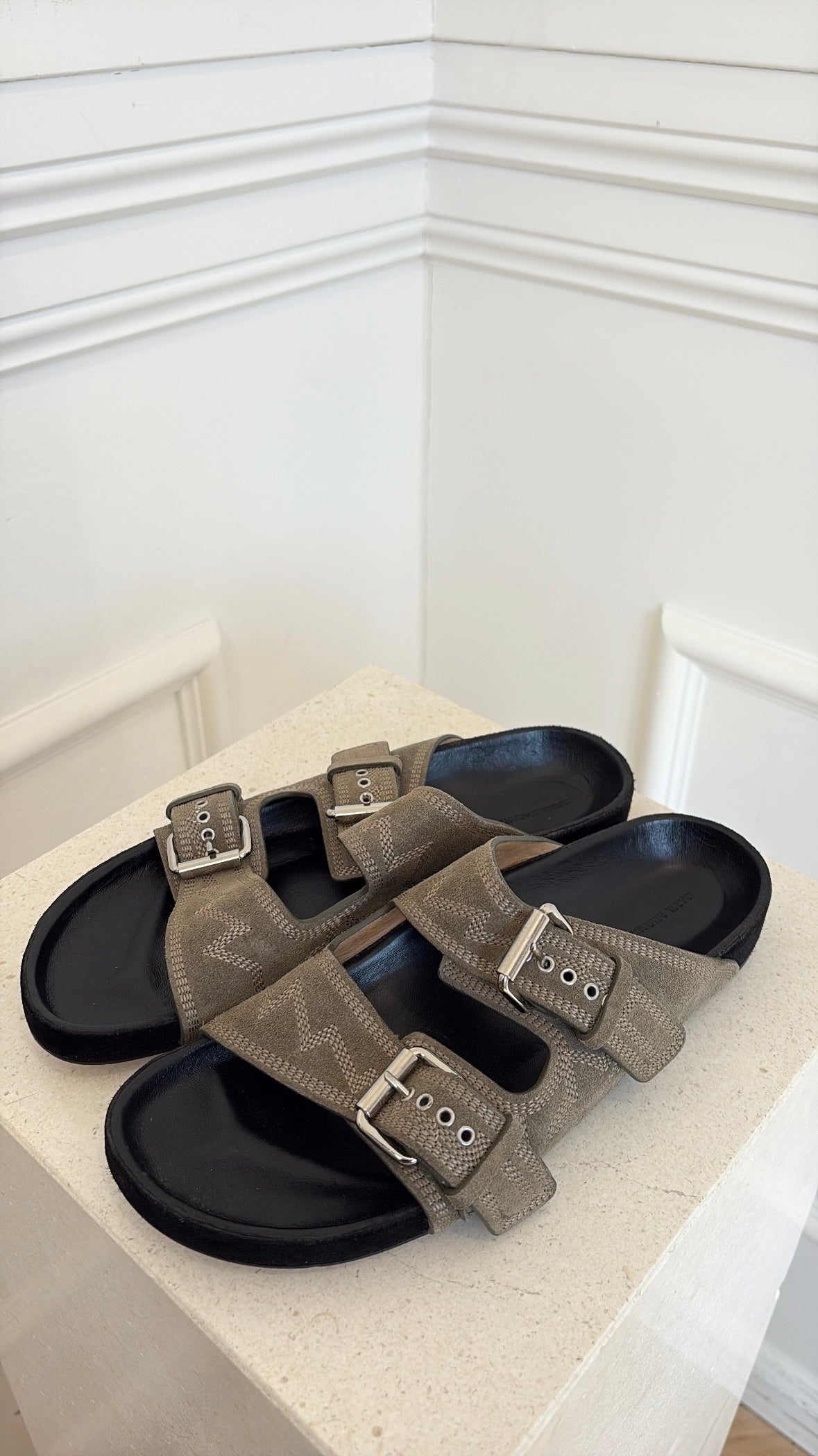 Isabel Marant Khaki Suede Emboridered Slides, 40