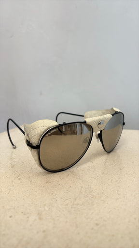 Chanel Black and White Leather Aviator Sunglasses