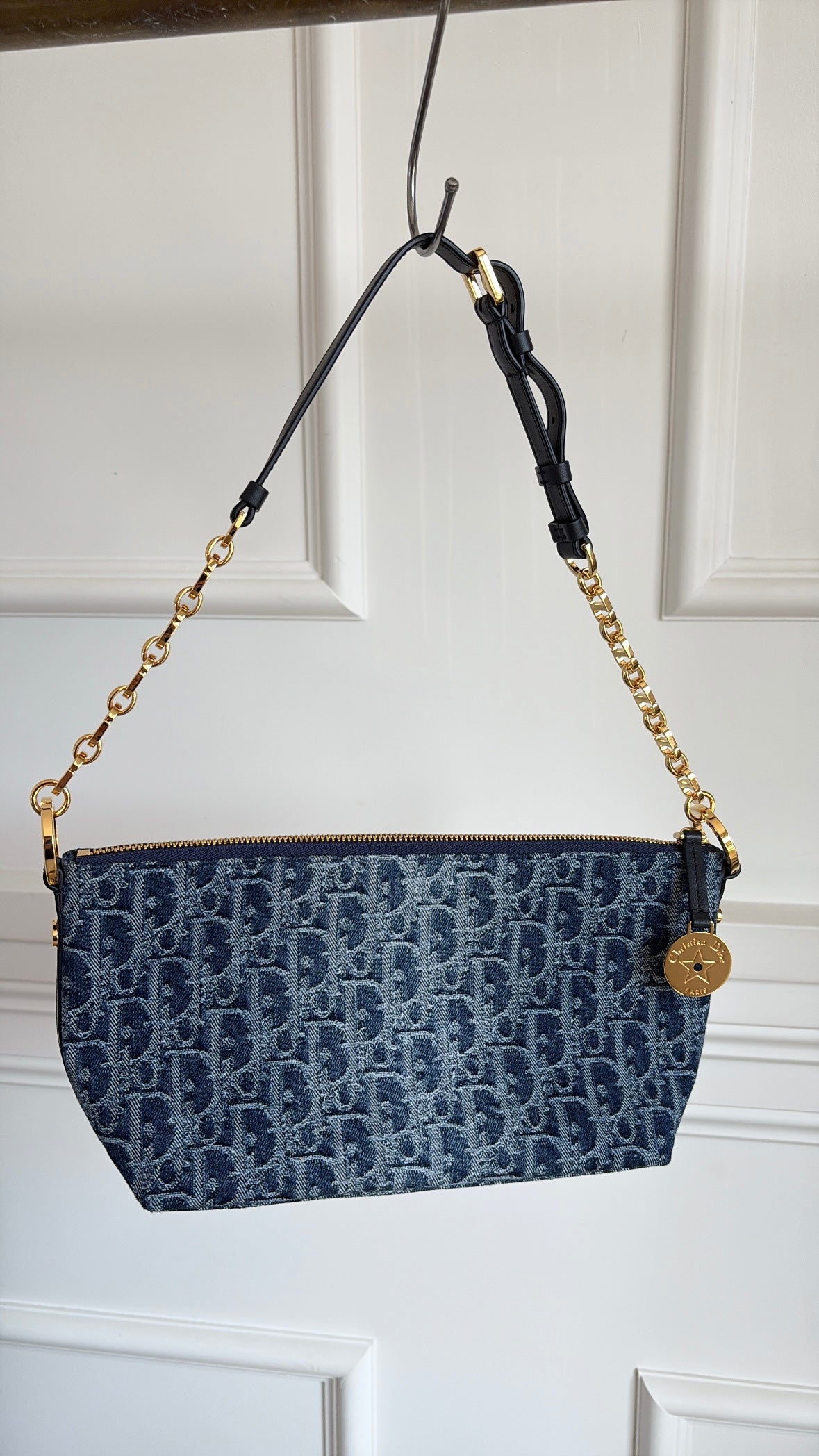 Dior Blue Denim Oblique Print Diorstar Hobo Bag with Chain