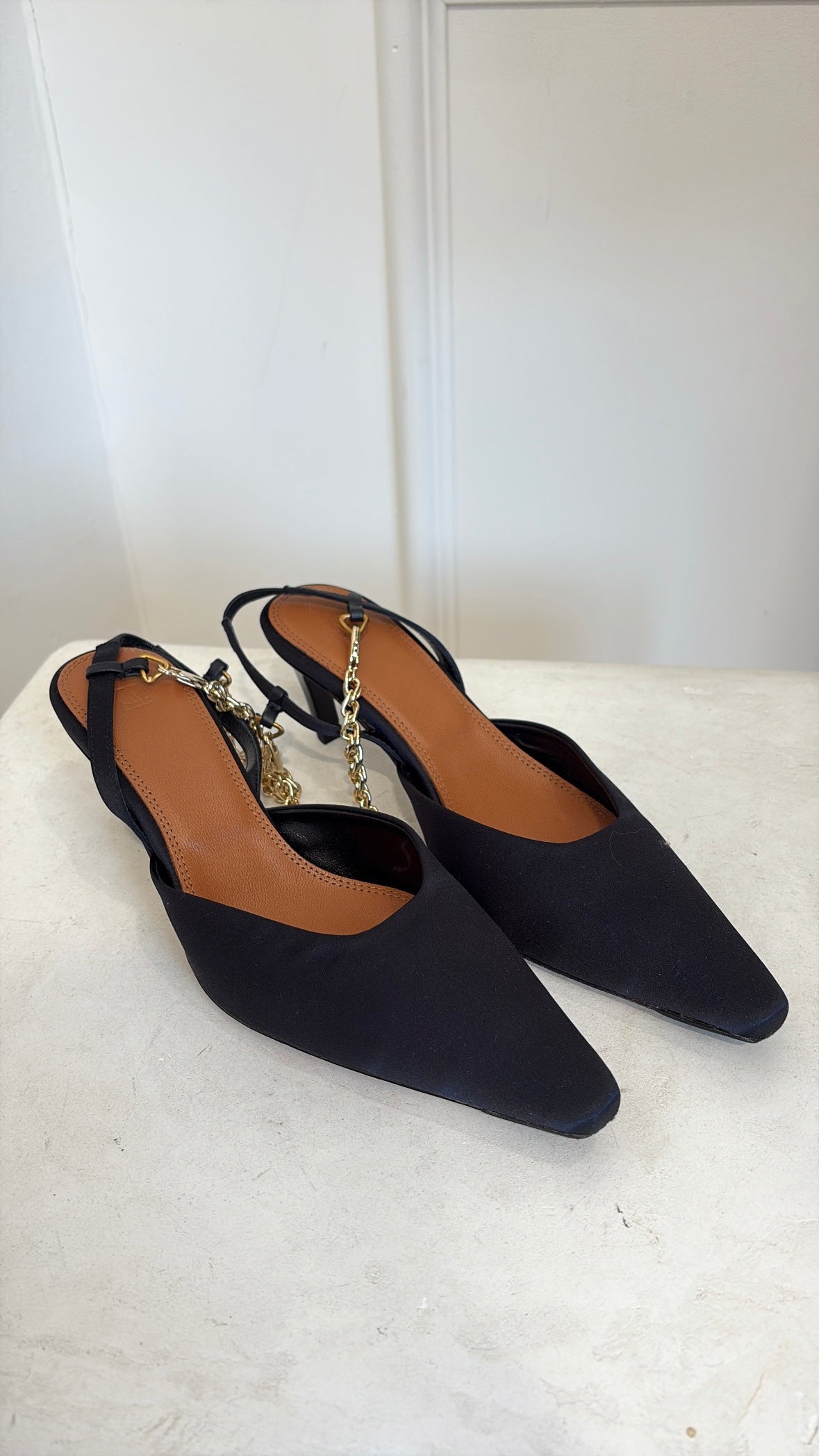 Camilla and Marc Black Satin Ankle Chain Slingback Pump, 36