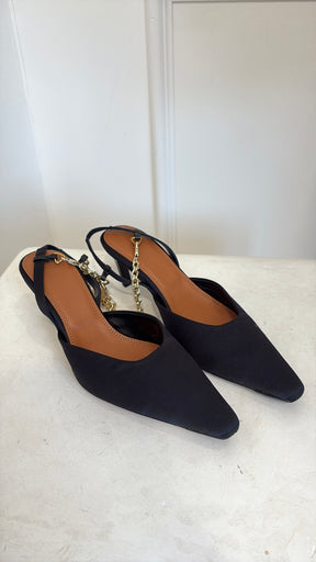 Camilla and Marc Black Satin Ankle Chain Slingback Pump, 36