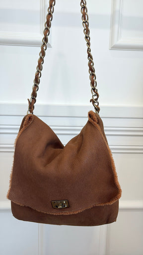Chanel Tan Nubuck and Shearling Slouchy Flap Bag