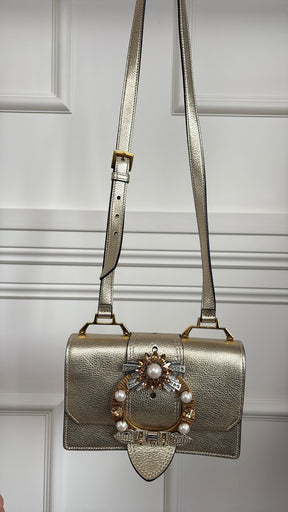 Miu MIu Gold Metallic Leather Crystal Embellished Shoulder Bag