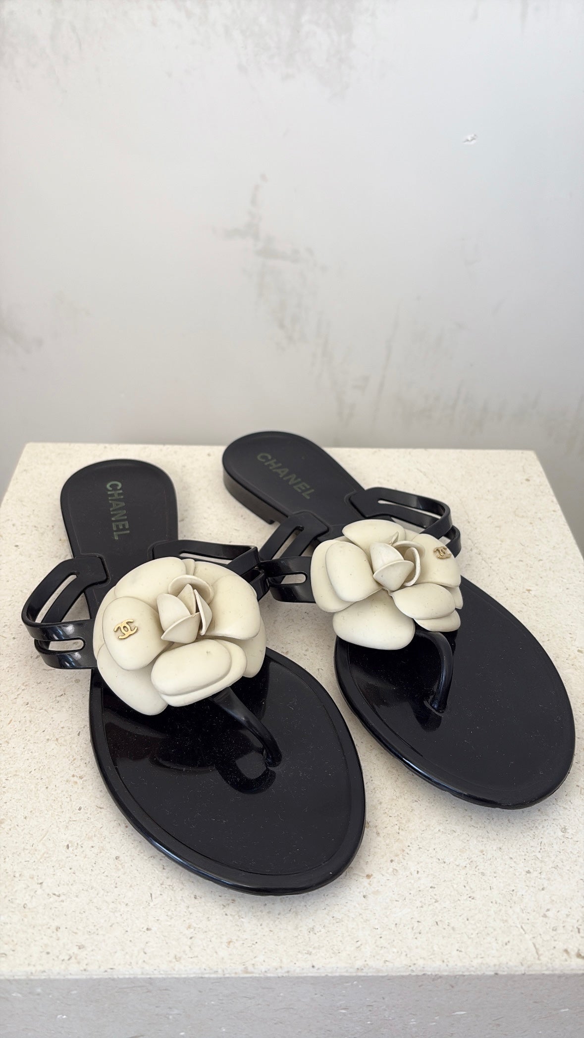 Chanel Rubber Thongs With Camelia Embellishment Black White, 40