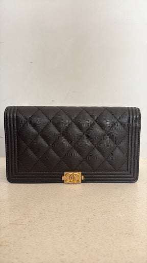 Chanel Caviar Leather Boy Wallet Black With Gold Hardware
