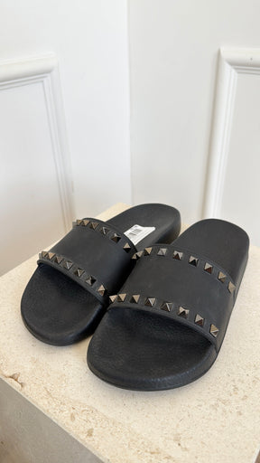 Valentino Black Rubber Rockstud Slides, 38