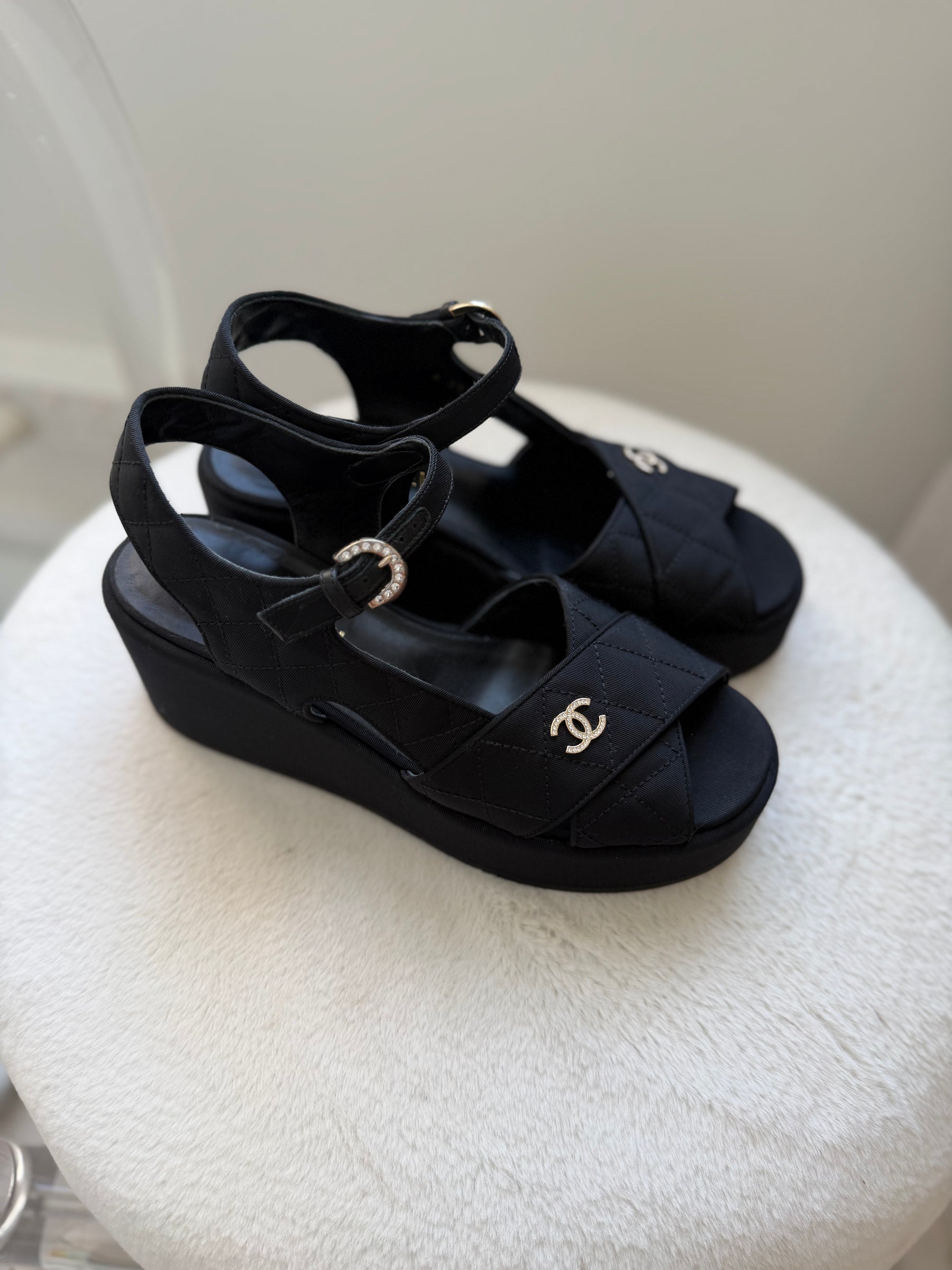 Chanel Black Grosgrain Quilted Wedge Sandal, 38.5 C
