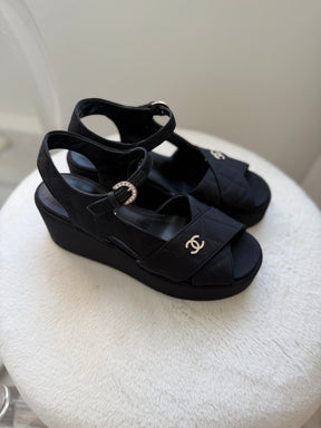 Chanel Black Grosgrain Quilted Wedge Sandal, 38.5 C