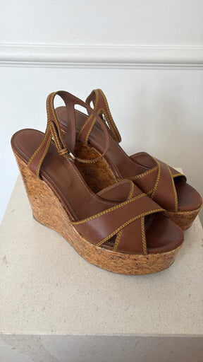 Sergio Rossi Brown Leather Sergio Cork Wedge Heels, 39