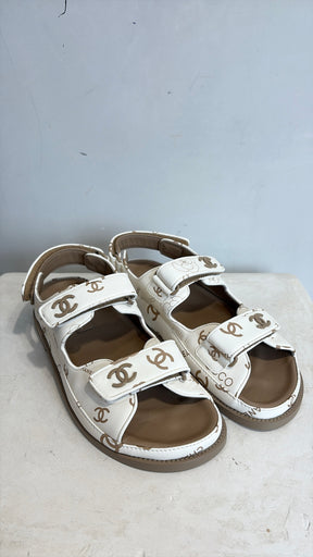 Chanel White and Beige Leather Logo Printed Dad Sandal with Matching Sock, 39 C