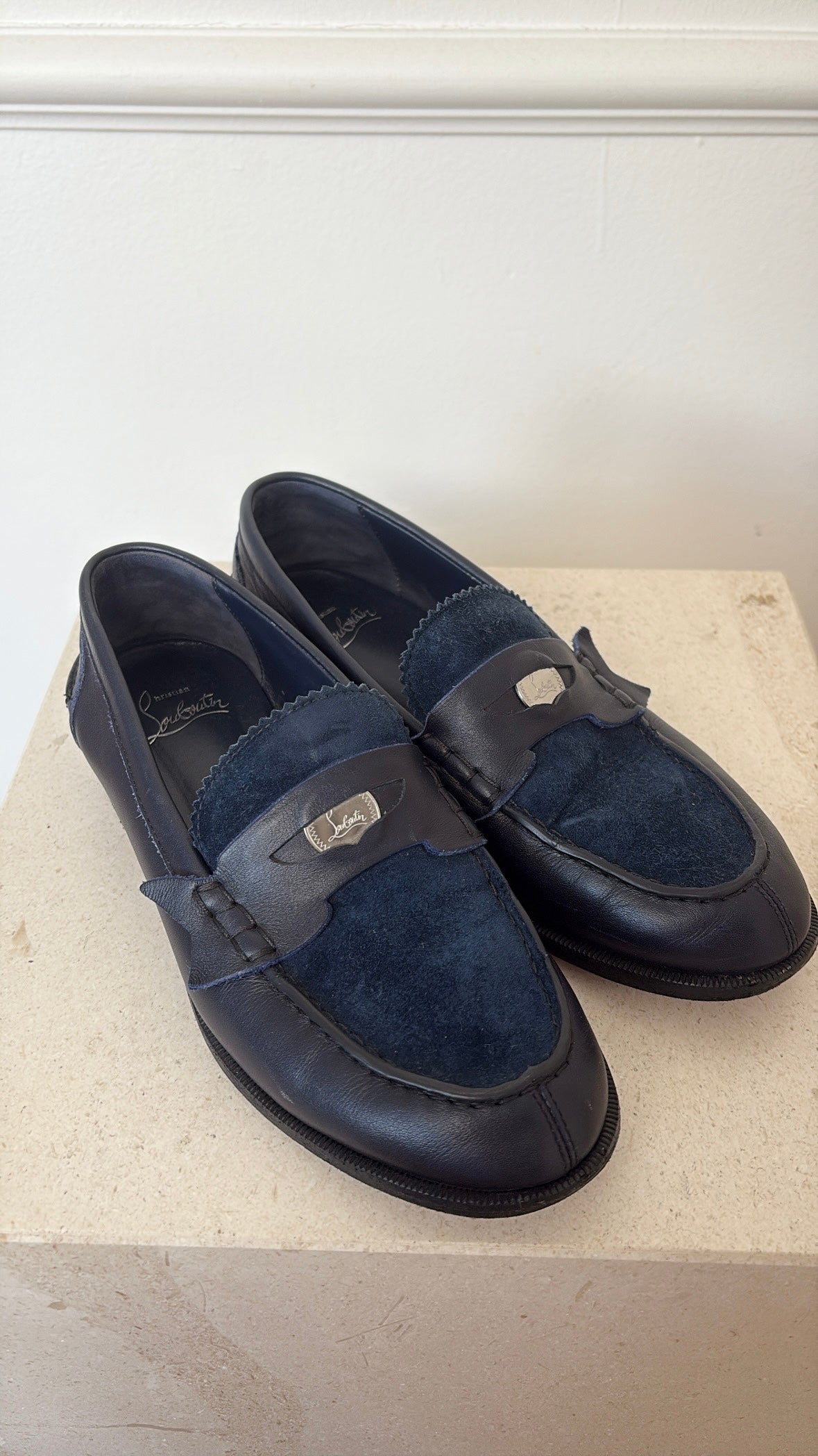 Christian Louboutin Navy Leather And Suede Penny Loafers, 37