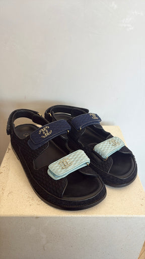 Chanel Black and Multi Blue Textured Fabric Dad Sandals, 40