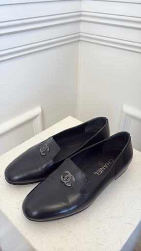 Chanel Black Leather Gunmetal Logo Flats, 36.5