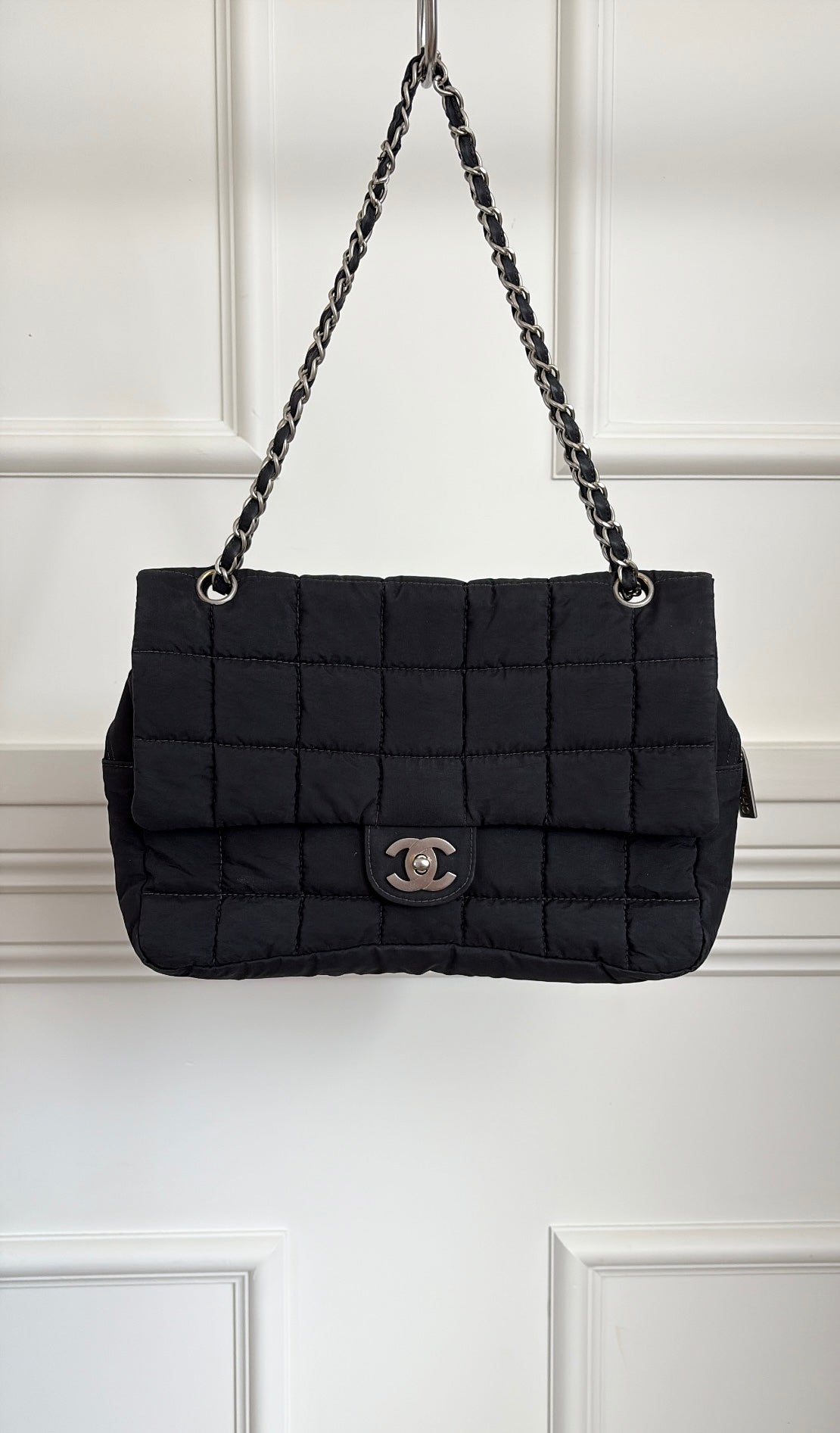 Chanel Black Nylon Chocolate Bar Quilted Flap Bag