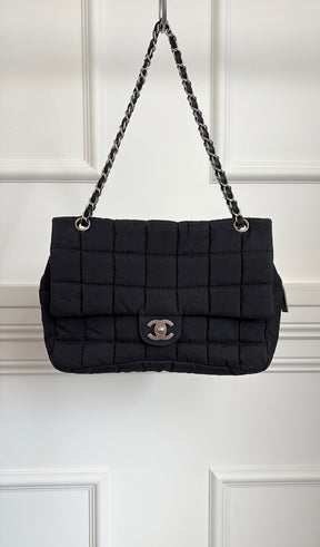 Chanel Black Nylon Chocolate Bar Quilted Flap Bag