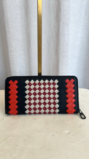 Bottega Venetta Intrecciato Long Wallet Black Red In Leather