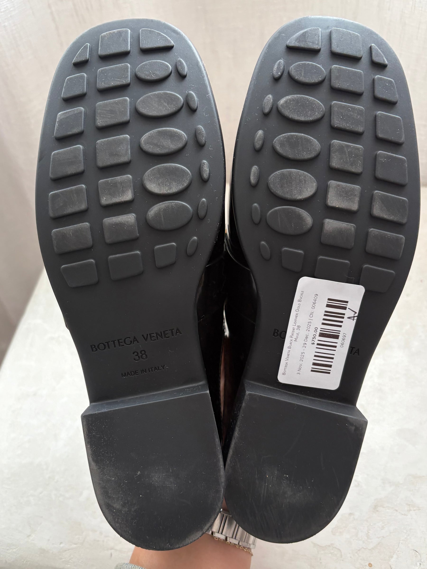 Bottega Veneta Black Patent Leather Gold Buckle Mule, 38