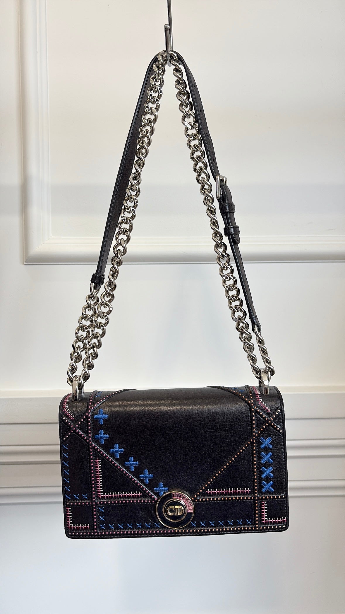 Dior Black Leather with Pink and Blue Embroidered Stitch Detail Small Diorama Bag