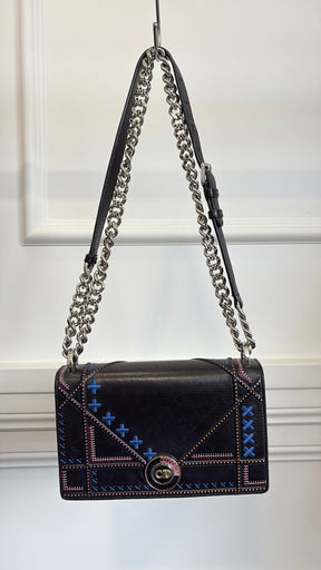 Dior Black Leather with Pink and Blue Embroidered Stitch Detail Small Diorama Bag