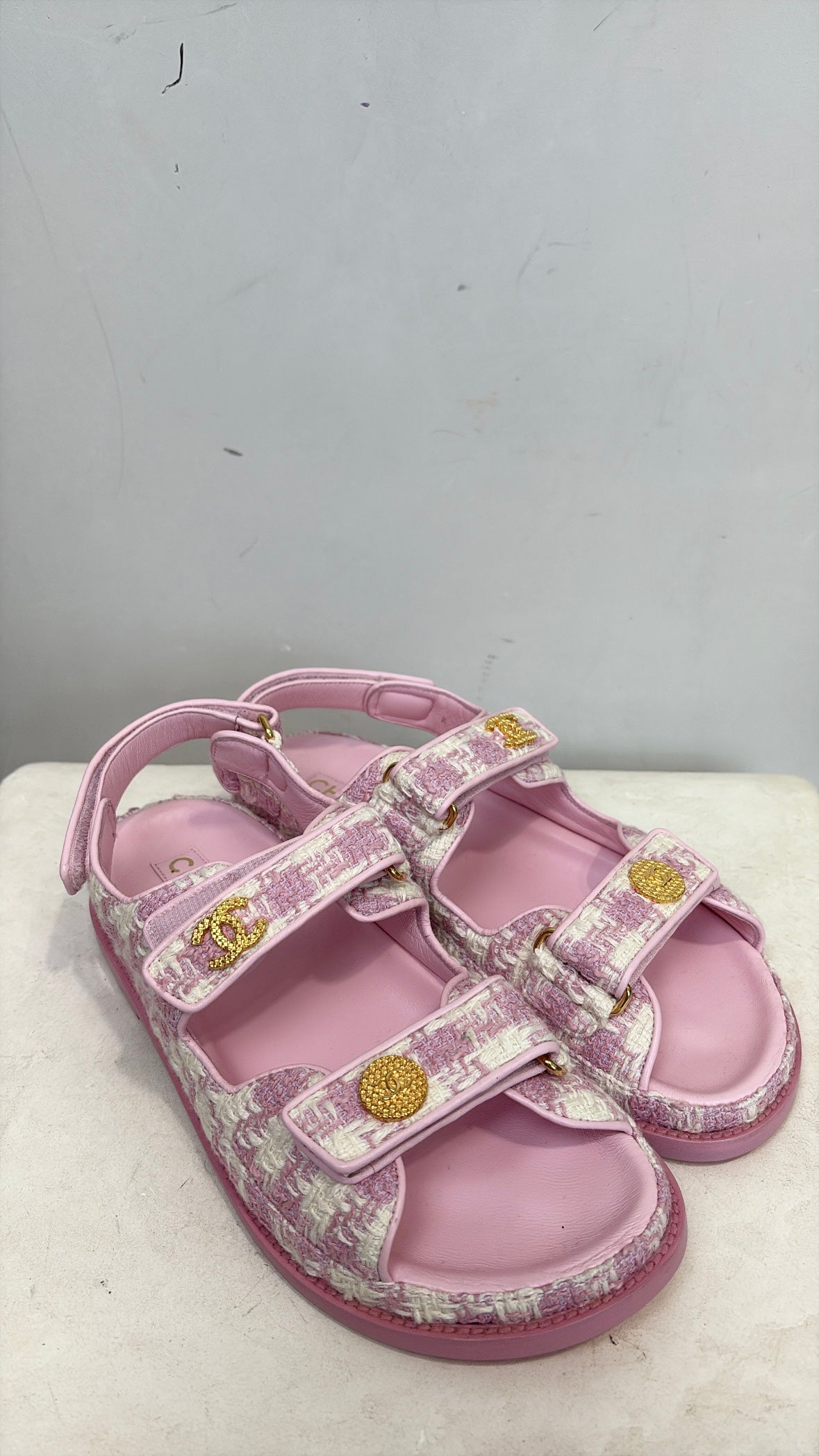 Chanel Pink and Ecru Tweed Dad Sandals, 39 C