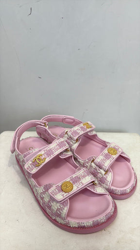 Chanel Pink and Ecru Tweed Dad Sandals, 39 C