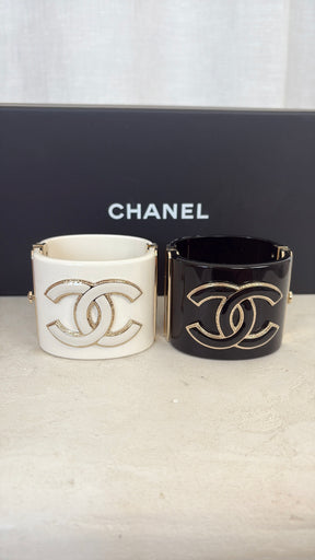 Chanel White and Black Acrylic Logo Cuff Set