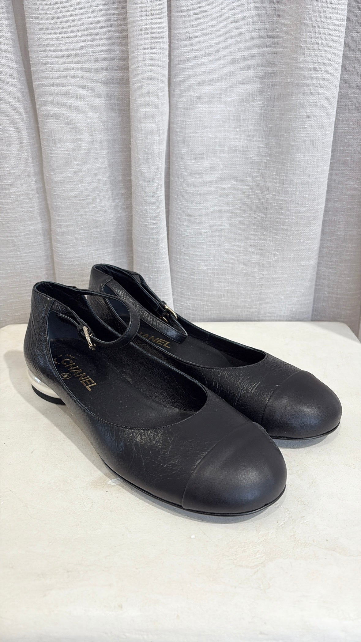 Chanel Black Crinkle Leather Pearl Heel Mary Janes, 41 C