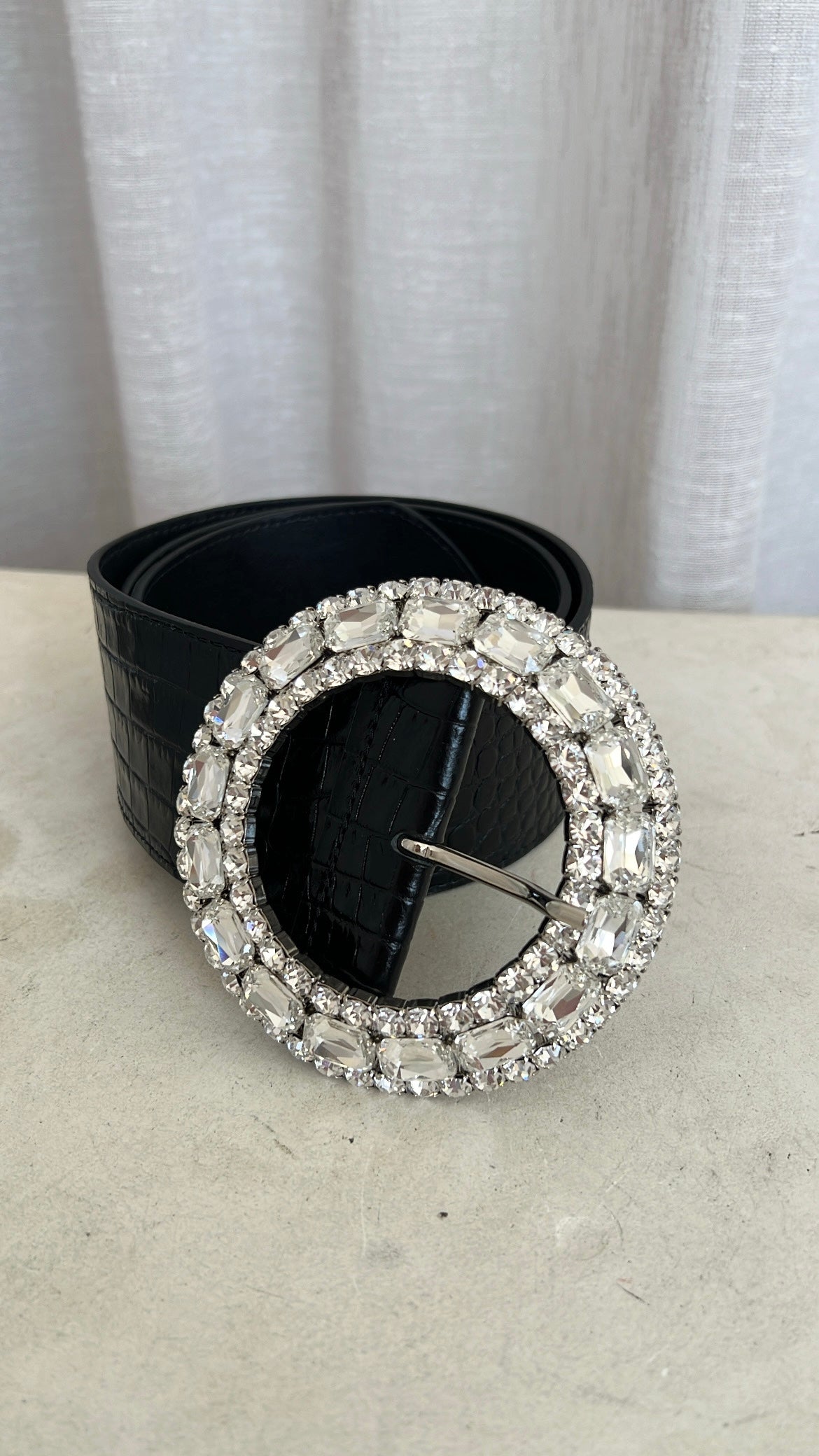 Alessandra Rich Black Croc Embossed Leather Crystal Buckle Belt