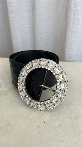 Alessandra Rich Black Croc Embossed Leather Crystal Buckle Belt