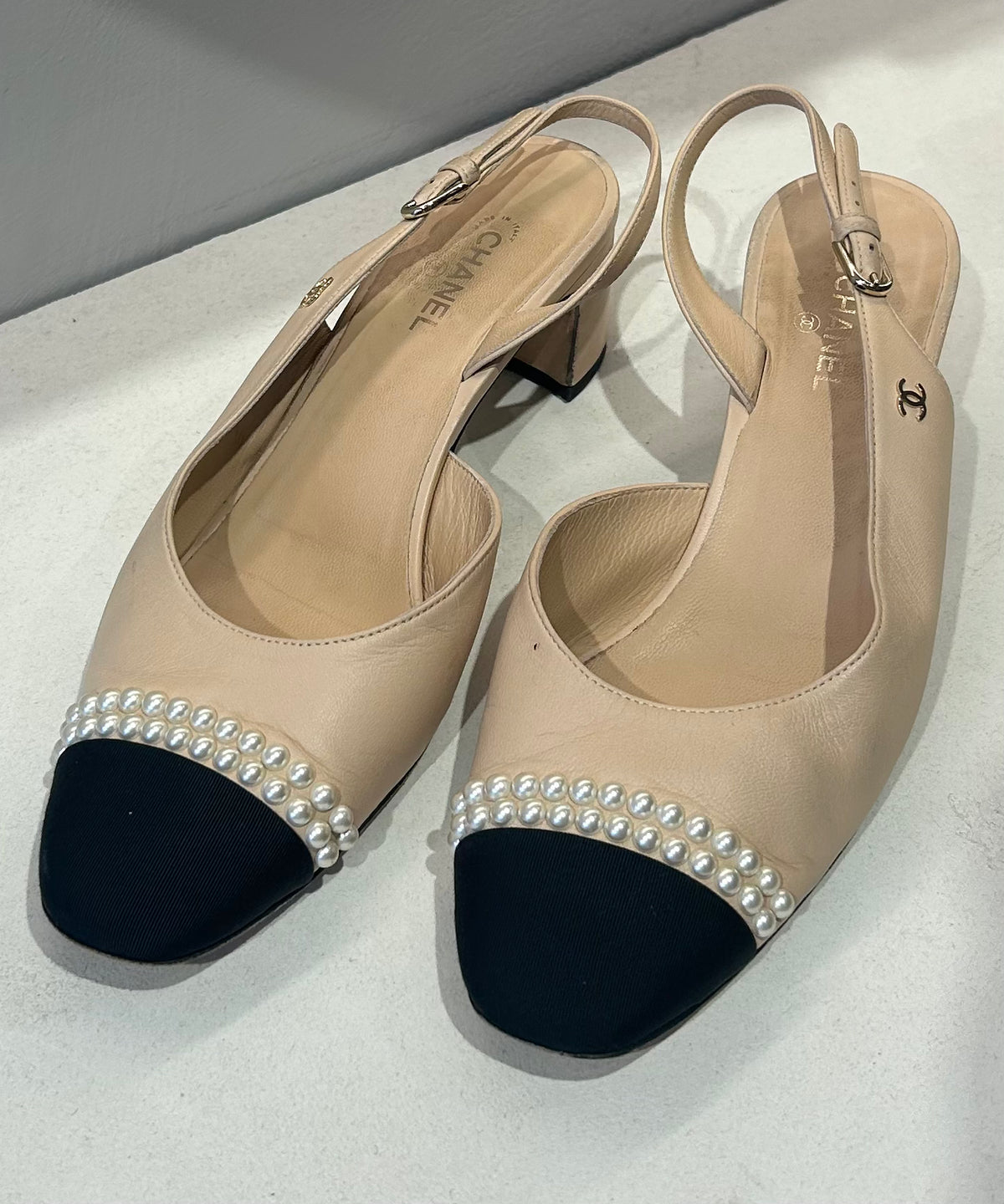 Chanel Black and Beige Pearl Detail Slingback, 40C