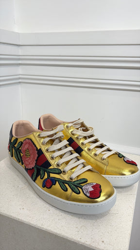 Gucci Gold Floral Embroidered Sneakers, 39