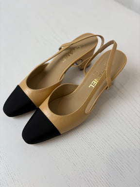 Chanel Beige and Black Heeled Slingbacks, 38.5