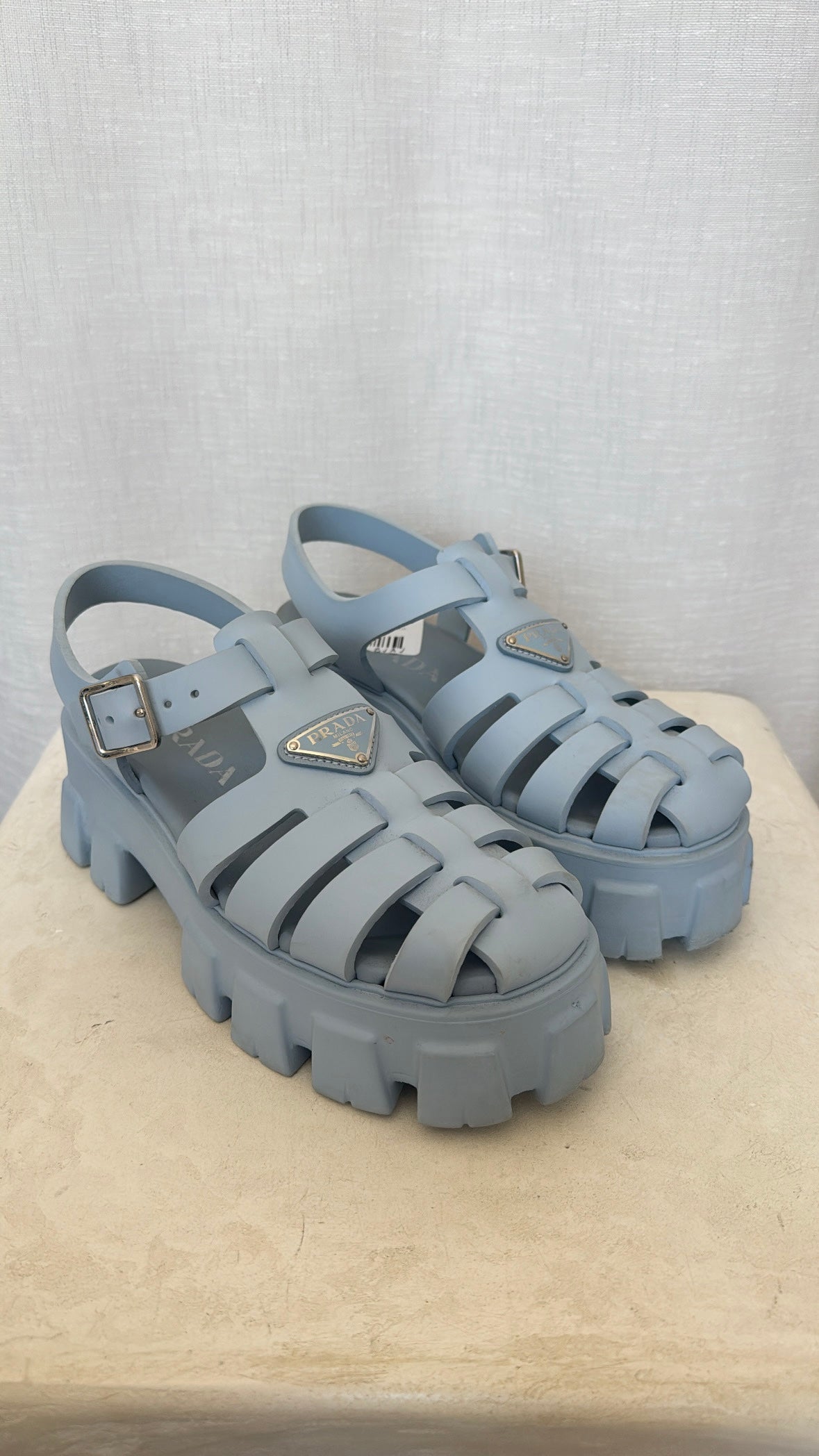 Prada Pale Blue Rubber Platform Fisherman Sandals, 38