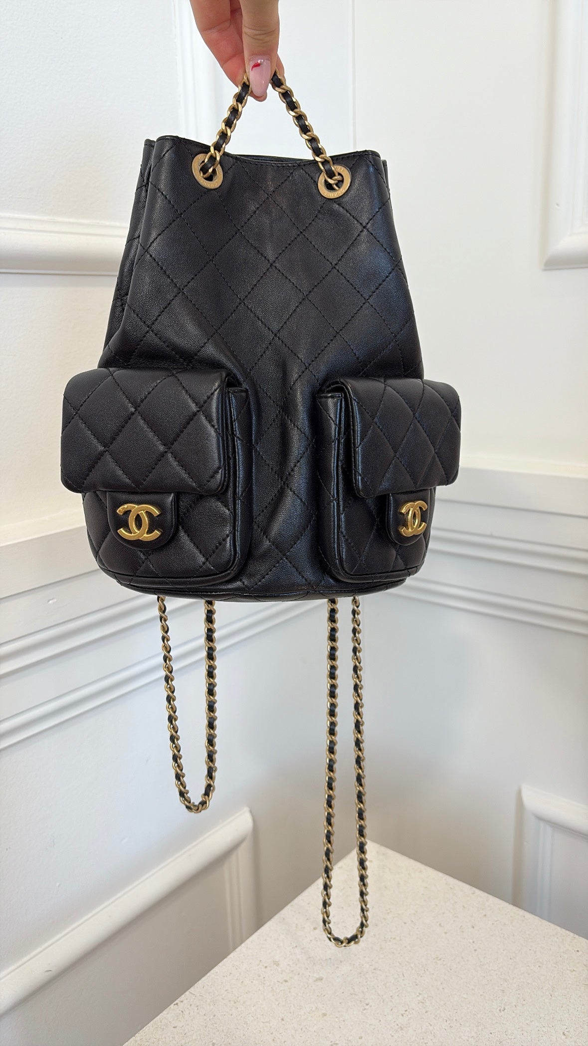 Chanel Black Lambskin Leather Double Pocket Back Pack