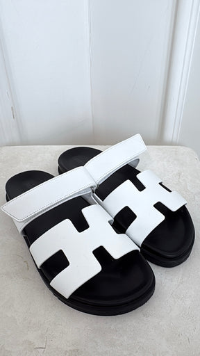 Hermès White Leather Chypre Sandals, 38