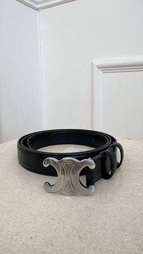 Celine Black Leather Silver Triomphe Belt, 95