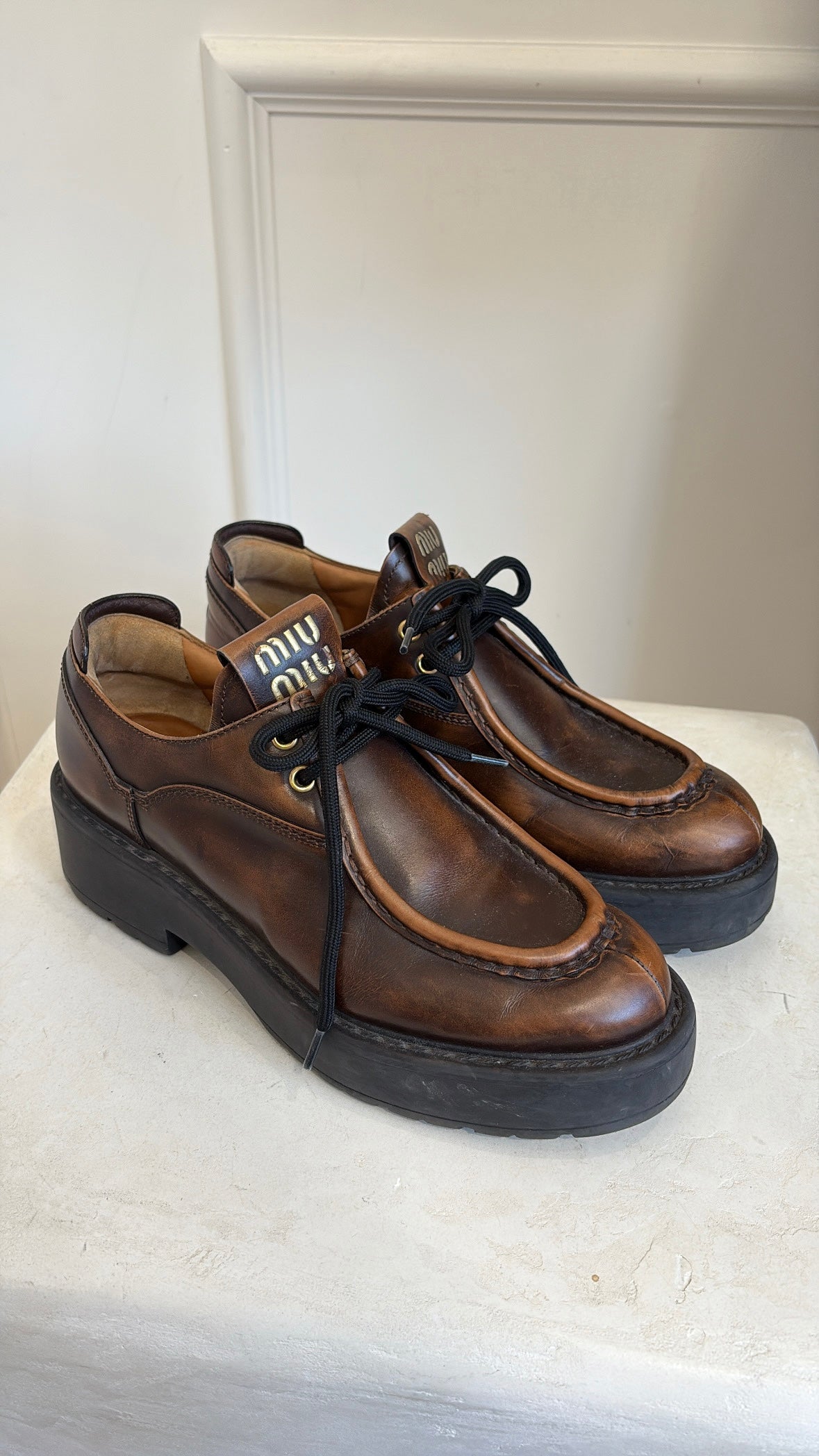 Miu Miu Brown Leather Platform Brogues, 40