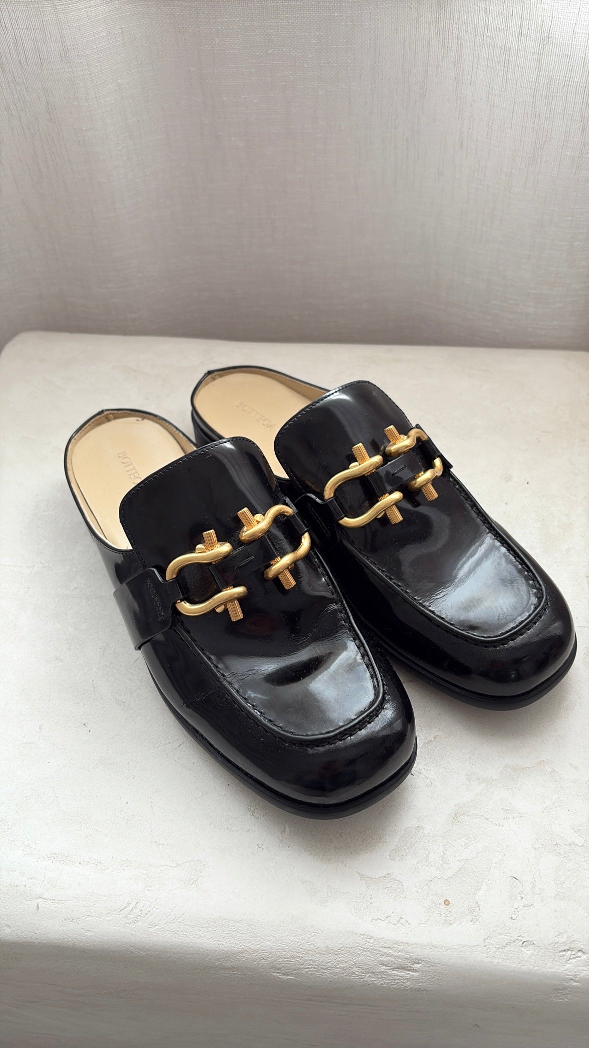 Bottega Veneta Black Patent Leather Gold Buckle Mule, 38