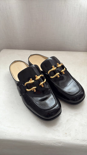 Bottega Veneta Black Patent Leather Gold Buckle Mule, 38