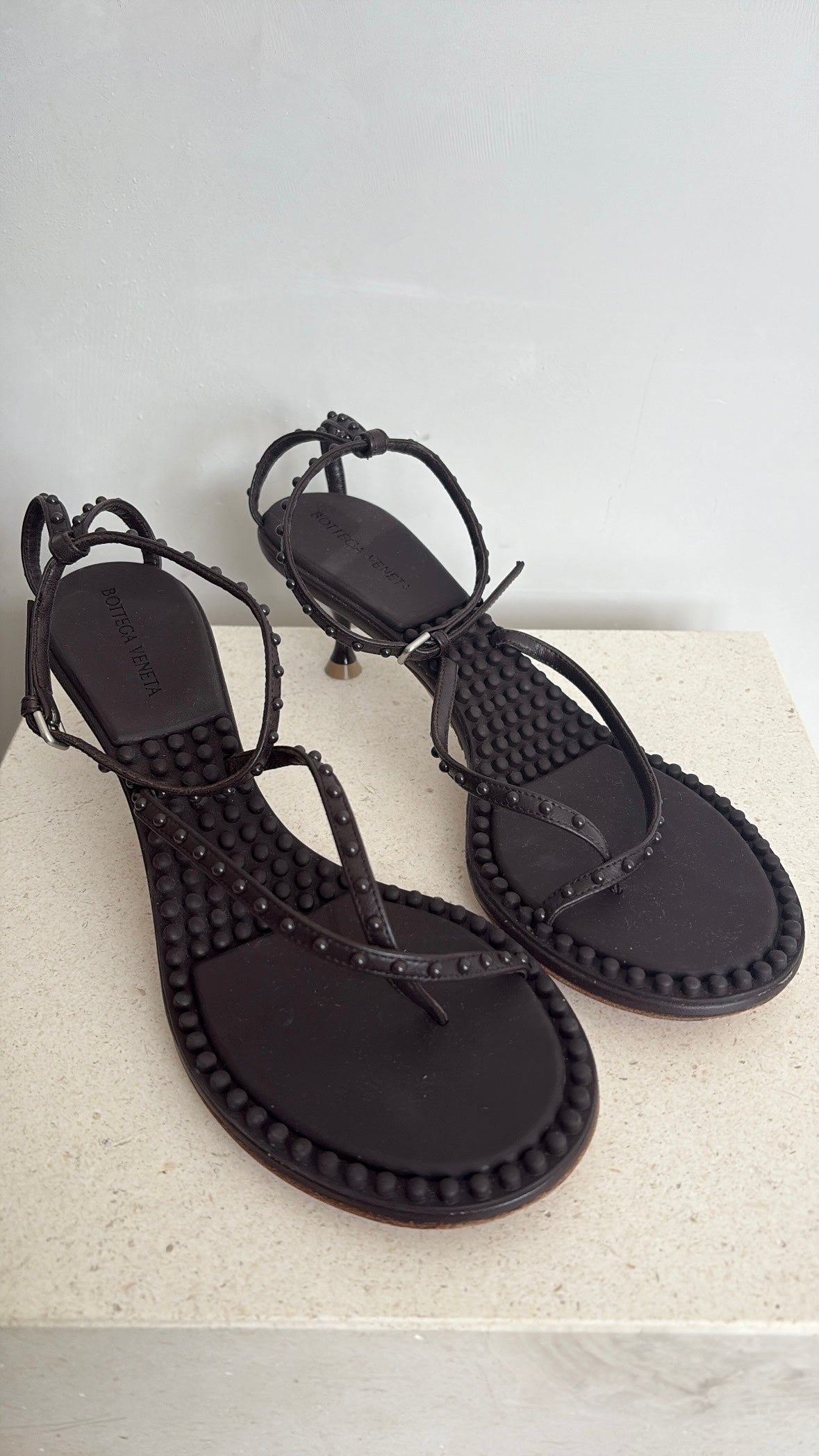 Bottega Veneta Chocolate Leather Studded Strappy Kitten Heels, 40