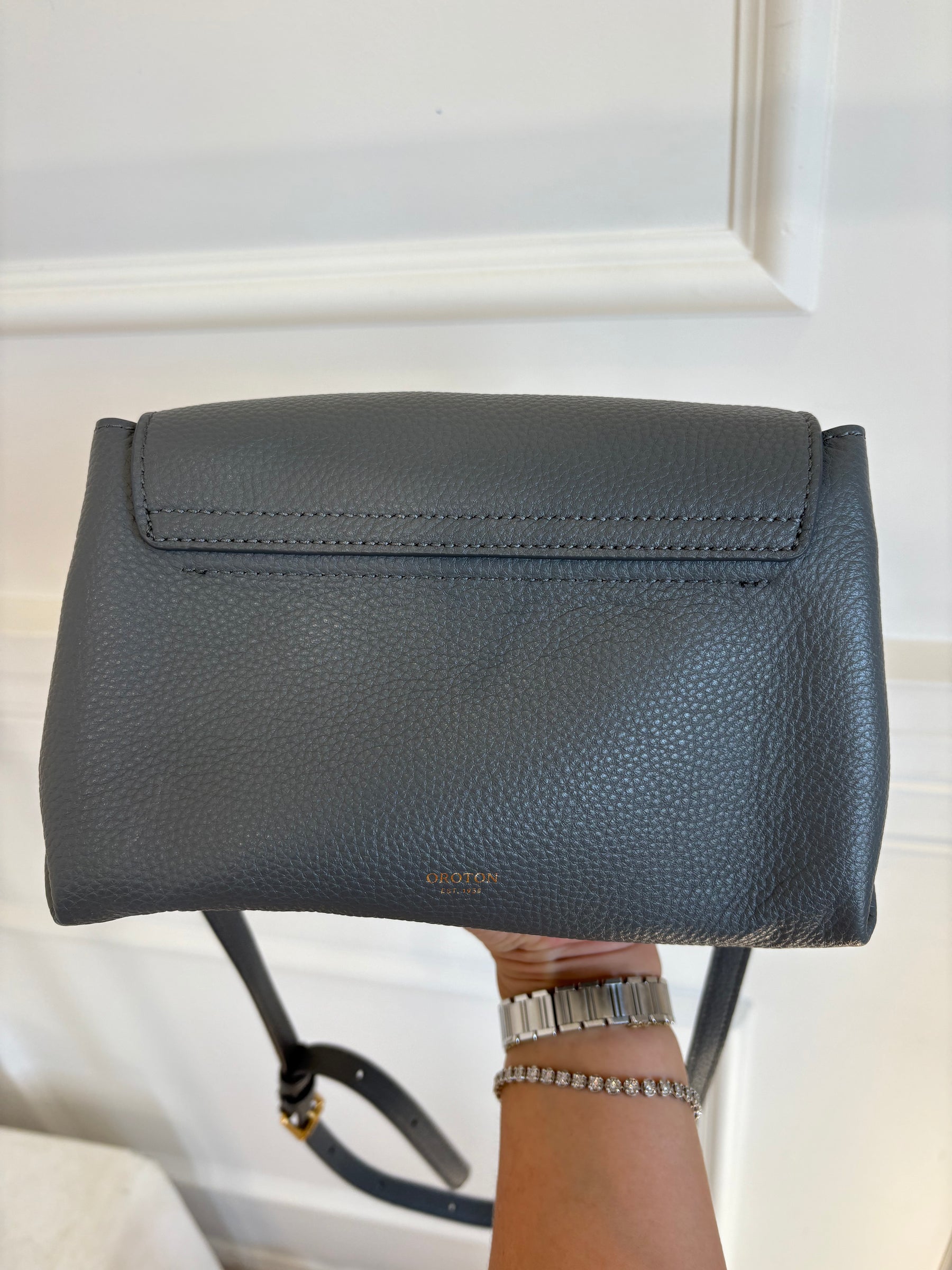 Oroton Grey Leather Shoulder Flap Bag