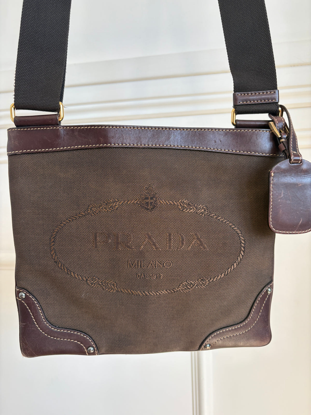 Prada Leather and Canvas Logo Pouch Bag