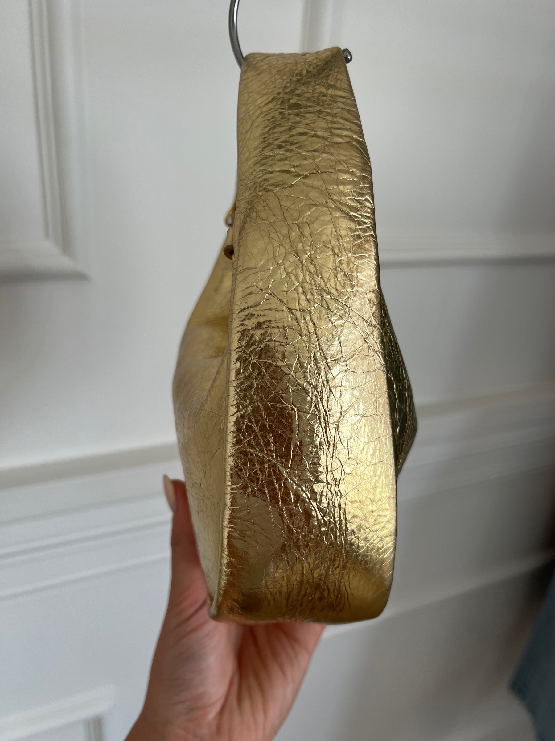 Oroton Gold Crinkled Leather Top Handle Bag